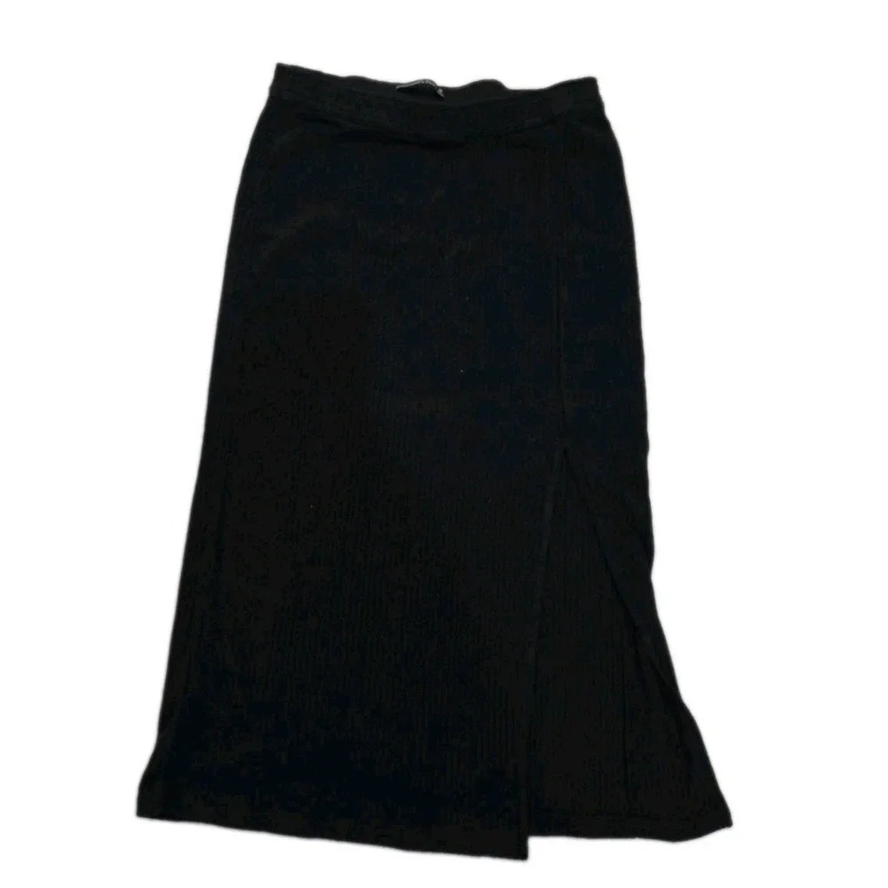 Abercrombie & Fitch Black Ribbed Side Slit Midi Skirt Minimalist Academic Preppy